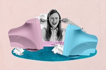 Template sketch trend 3D photo collage of young lady suffer pressure cover ears computer monitor...