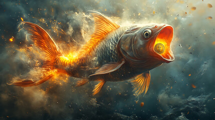 Cinematic modern fantasy rendering of a fish levitating mid-air, mouth glowing with divine light, glowing ancient coin shining inside, ambient light trailsHighly detailed, cinematic composition,