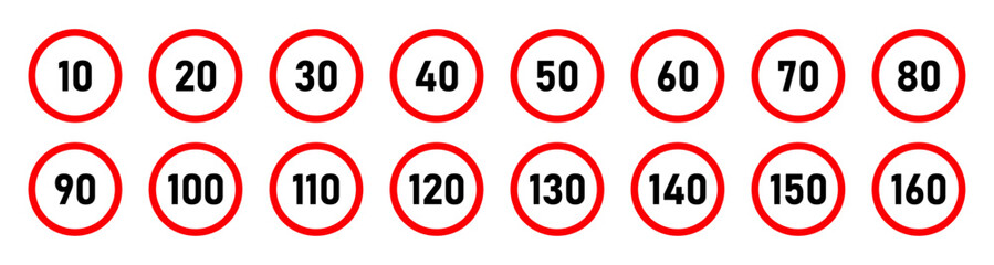 Set of road speed limit signs of 10-160 kmh. Set of generic speed limit sign with black number and red circle. Speed limit icon set for 10, 20, 30, 40, 50, 90, 100, 110, 120, 130, 140, 150, 160 kmh.