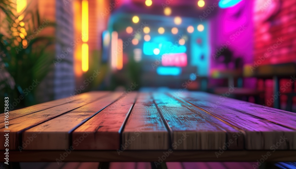 Poster abstract blurred cafe with an empty wooden board on table, creating a charming atmosphere for relaxi