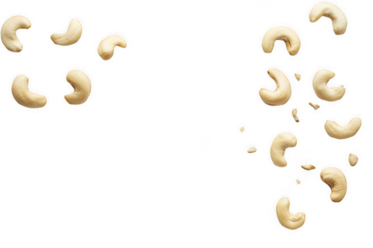 Cashew nuts in falling motion isolated on transparent or white background PNG