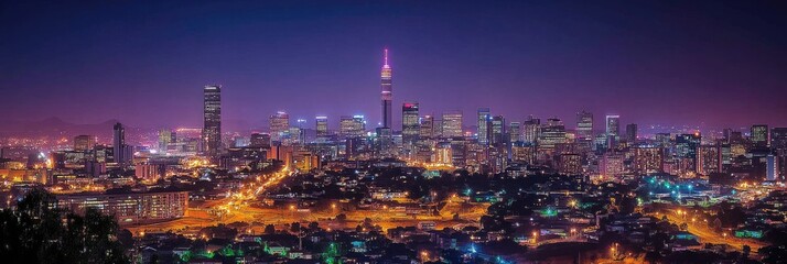 Obraz premium Johannesburg Skyline at Night: A Stunning Urban Landscape of South Africa's Vibrant City Lights