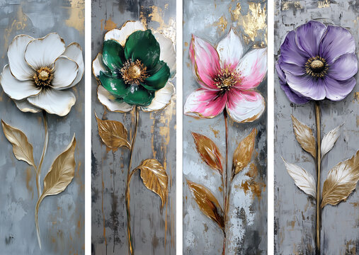 Elegant metallic floral art panels with textured paint details in gold and pastel colors for interior decor concept of art galleries, home decor stores, interior design firms