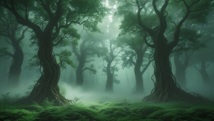 a mystical foggy forest, where sunlight barely breaks through the dense canopy.
