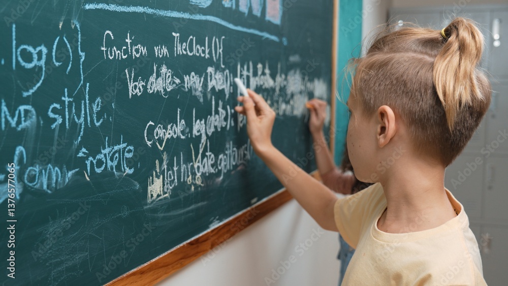 Poster diverse student studying coding engineering prompt while writing answer on blackboard. intelligence 