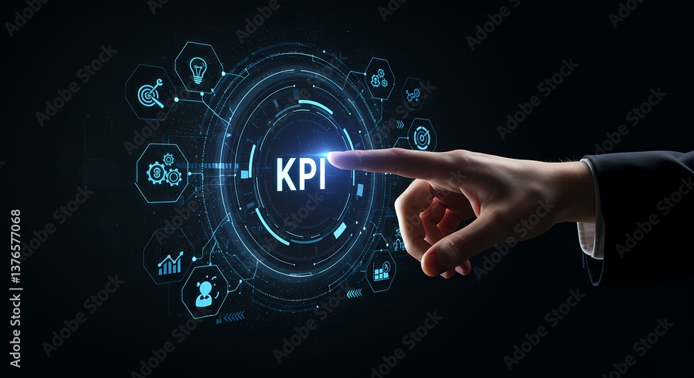 Poster kpi key performance indicator business technology concept with hand pressing button on digital inter