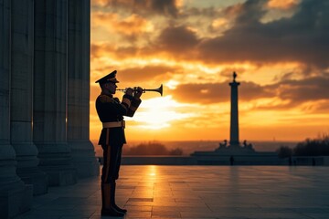 Silhouette of a Soldier Playing Bugle at Sunrise Ceremony