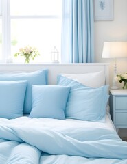 Minimalist Bedroom with Light Blue Bedding and Elegant Decor