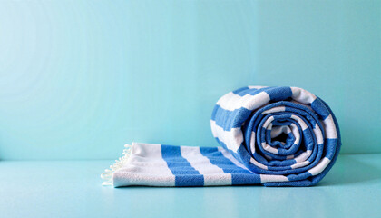 Rolled-up blue and white beach towel on gradient background, travel accessory