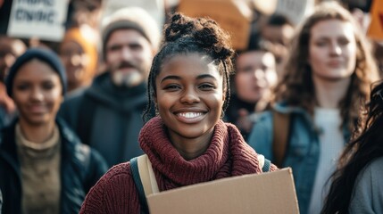 Diverse group of young adults marching for social justice and equality on a bright sunny day