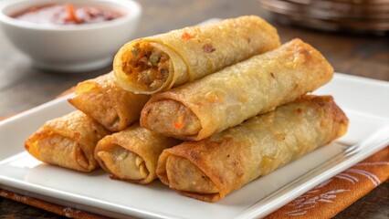 A tempting stack of golden-brown spring rolls, crispy and inviting, promising a flavorful explosion of tastes, presented on a pristine white plate with a hint of spicy dipping sauce.