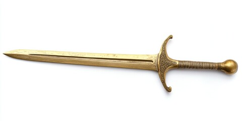 Shimmering Golden Blade. Isolated Weapon with Intricate Handle Design on White Background