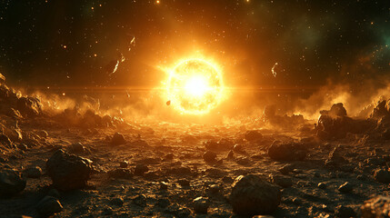 Exoplanet surface with bright sun rising over rocky terrain, space exploration and astronomy concept showing distant alien world
