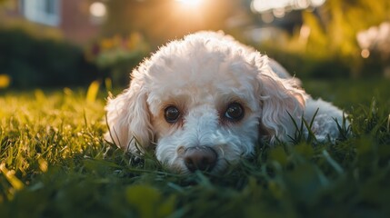 Adorable White Miniature Poodle Relaxing on Lush Green Lawn &acirc;&euro;&ldquo; A Perfect Outdoor Pet Portrait