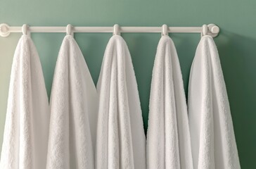 Hanging White Towels on a Rack Against Green Wall Backdrop