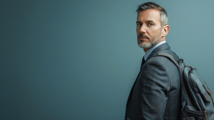 An elderly businessman with a subtle smile walks with a backpack, combining experience and style in a professional setting.