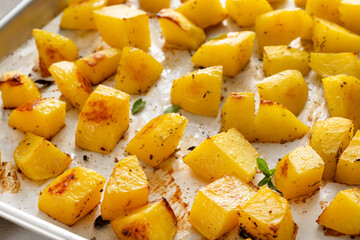 Oven roasted potatoes on a sheet pan cooked with herbs and spices