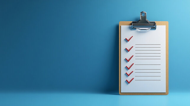 Red-marked checklist on clipboard, blue background