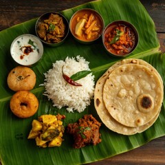 Traditional South Indian Meal on Banana Leaf