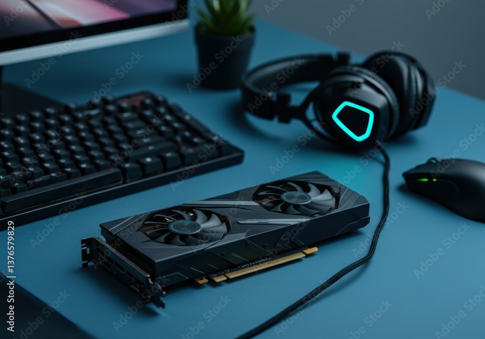 Poster high-performance graphics card on a modern gaming desk setup