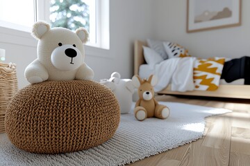 Explore a calming Earth-tone Scandinavian kids bedroom adorned with cozy textiles Discover inspiring decor ideas featuring playful animal soft toys, wooden accents, and minimalist design Create a