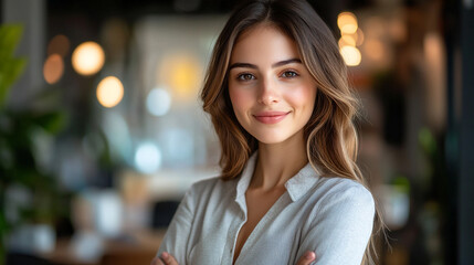 Obraz premium Smiling young woman in a modern cafe setting