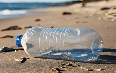 A close-up shot of a plastic bottle lying on the beach