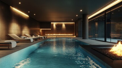 Obraz premium Swimming Pool with Lounge Chairs and Fire Pit