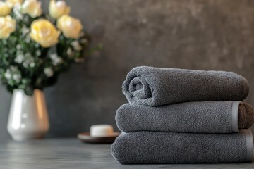 Stack of Gray Towels with Roses in Vase Against Gray Background