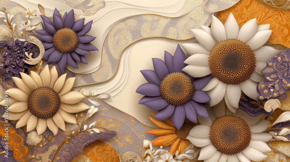Poster vibrant sunflowers with intricate patterns and textures create a stunning visual display in warm col