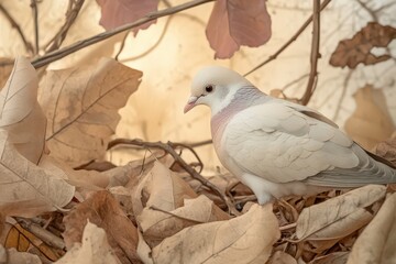 A serene pigeon stands among dried leaves on the forest floor