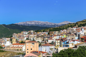 A road view of the town of Orgosolo on the island of Sardinia in Italy