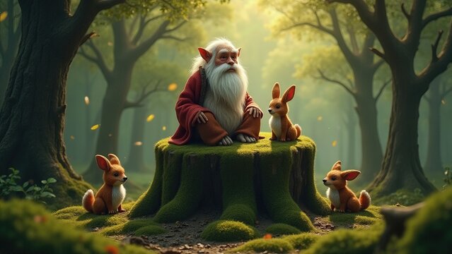 An old forest guardian Leshy rests peacefully among animals, seated on a moss-covered stump in the heart of the woods.