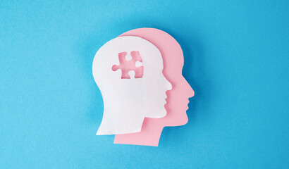 A puzzle piece head with a pink and white head on top of it