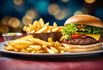 Juicy cheeseburger, golden french fries, fast food meal, bokeh background, vibrant colors, close-up photography, restaurant setting