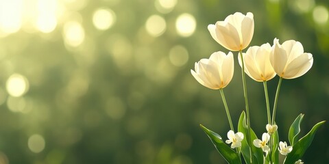 floral watercolor art, dreamy, artistic postcard with soft-focus dutch tulip field background and elegant transparent overlay for adding a congratulatory message