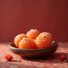 Peeled tangerine segments, Rustic ceramic bowl, Deep red background