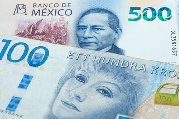 500 Mexican peso and 100 Swedish krona banknotes. International trade concept