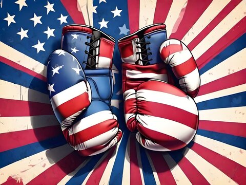American boxing gloves facing off, a powerful symbol of national pride and competitive spirit, depicted with a vintage distressed flag backdrop.