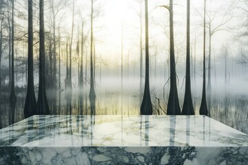 Serene swamp landscape at sunrise, reflected on a polished marble surface.