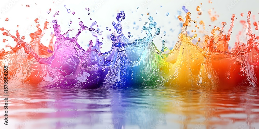 Poster vibrant rainbow colored water splashes creating dynamic crown formations with reflections on surface