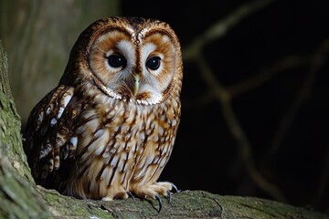 Tawny Owl in Its Natural Habitat: A Majestic British Bird of Prey at Night