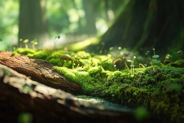 Obraz premium Sunlight illuminates lush green moss thriving on a forest log, showcasing vibrant life and natural beauty.