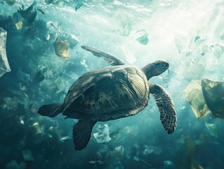 Turtle in ocean with trash
