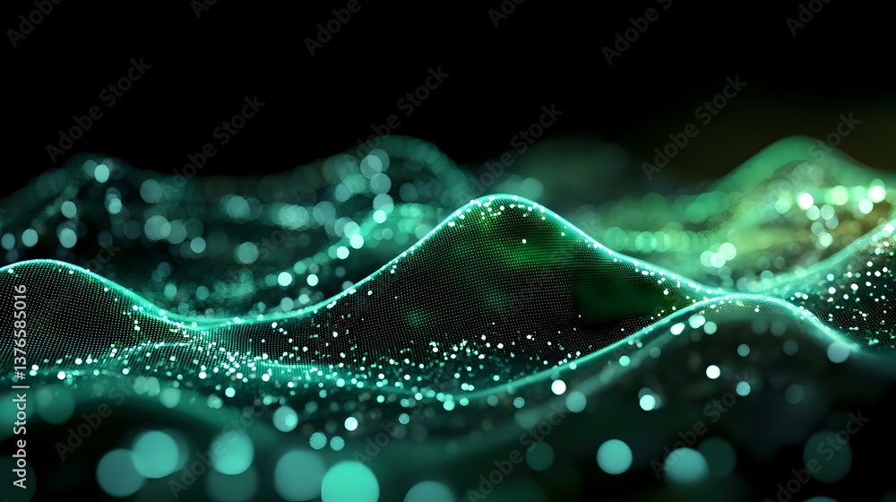 Poster abstract digital wave visualization with glowing turquoise particles flowing in dark space, creating
