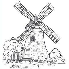 Fototapeta premium Black and white illustration of a classic windmill surrounded by trees and bushes.