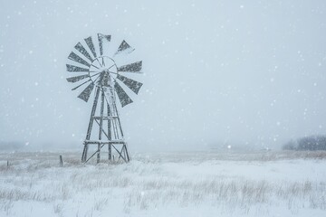 A weathered windmill standing alone during a winter snowfall