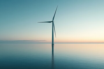 Fototapeta premium A large wind turbine stands centered in the calm ocean water
