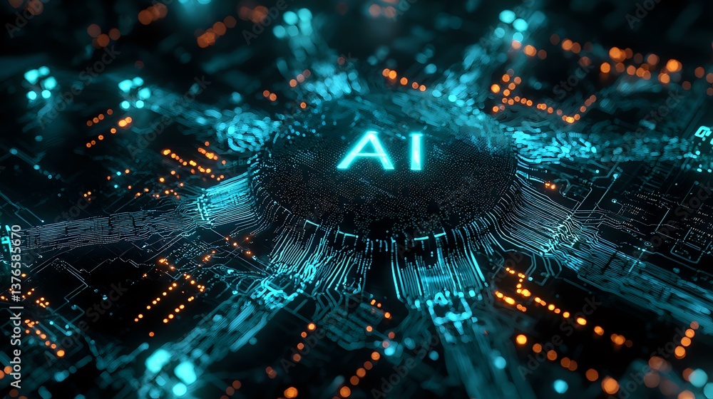 Poster glowing ai processor chip with blue neon light effect on dark background, digital technology concept