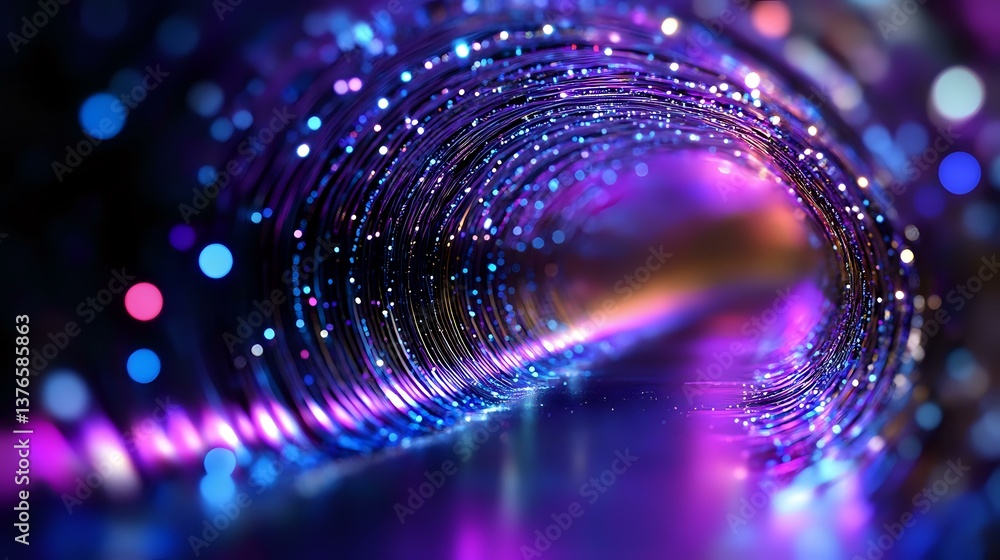 Poster glowing spiral tunnel with vibrant purple and blue bokeh lights creating magical atmosphere. abstrac